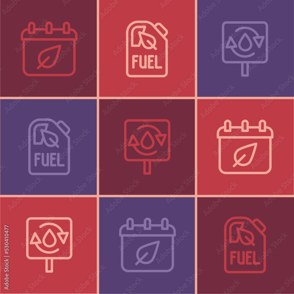 Set line Calendar with autumn leaves, Recycle clean aqua and Bio fuel canister icon. Vector Set line Calendar with autumn leaves, Recycle clean aqua and Bio fuel canister icon. Vector