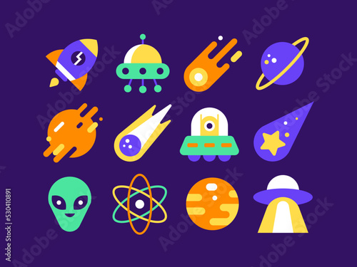 Space icon set with planet, mars, saturn, flying saucer, meteorite, comet, shooting star, alien, ufo, atom, rocket, big bang.