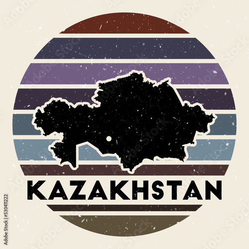Kazakhstan logo featuring a map of the country with colored stripes, vector illustration. Can be used as an insignia, logotype, label, sticker, or badge.