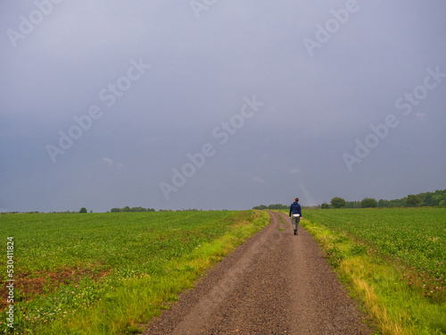 person walking on the road in the countryside