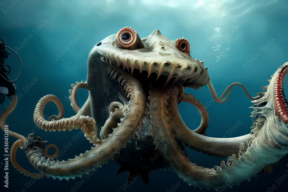 Giant sea monster, terrifying squid alien paintning Stock Illustration