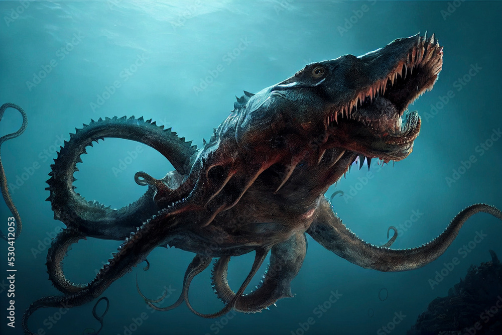 Giant sea monster, terrifying squid alien paintning Stock Illustration