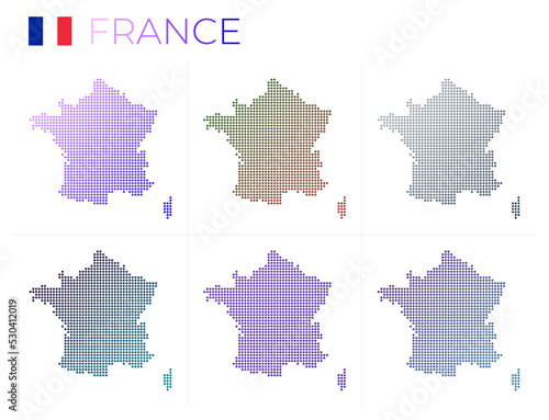 France dotted map set. Map of France in dotted style. Borders of the country filled with beautiful smooth gradient circles. Trendy vector illustration.