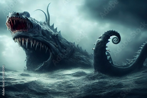 Giant sea monster, terrifying squid alien paintning photo
