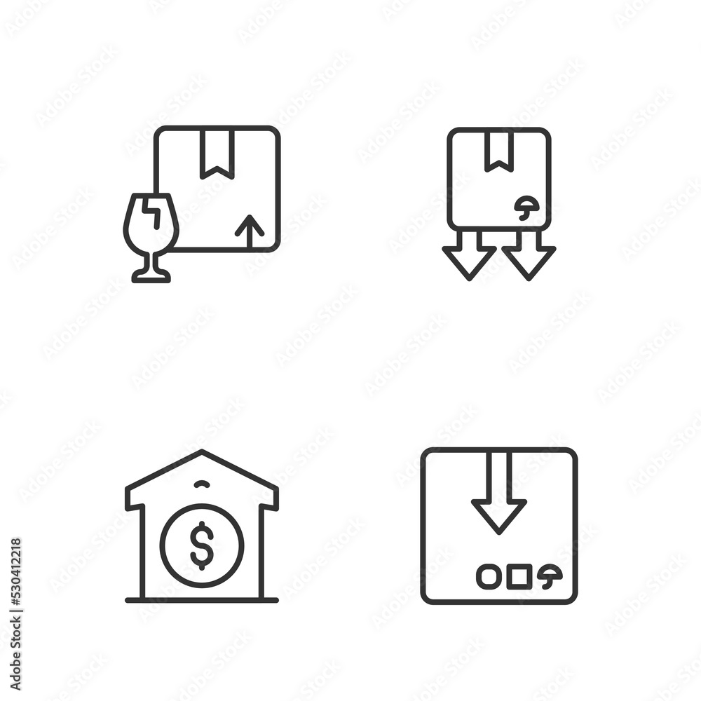 Set line Carton cardboard box, Warehouse price, Package with fragile content and Cardboard traffic symbol icon. Vector Set line Carton cardboard box, Warehouse price, Package with fragile content and Cardboard traffic symbol icon. Vector