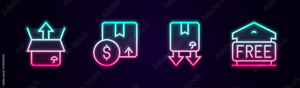 Set line Unboxing, Carton cardboard, Cardboard with traffic symbol and Free storage. Glowing neon icon. Vector Set line Unboxing, Carton cardboard, Cardboard with traffic symbol and Free storage. Glowing neon icon. Vector