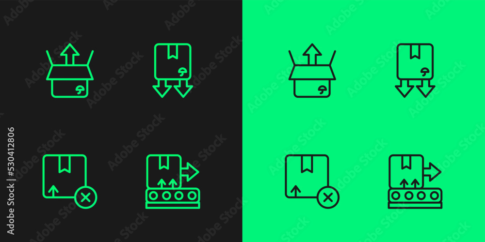 Set line Conveyor belt with box, Carton cardboard, Unboxing and Cardboard traffic symbol icon. Vector Set line Conveyor belt with box, Carton cardboard, Unboxing and Cardboard traffic symbol icon. Vector
