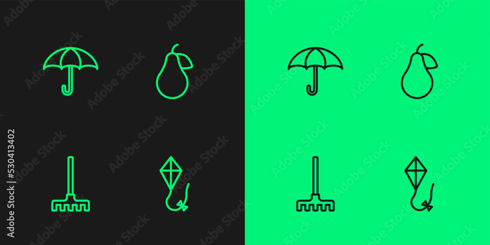 Set line Kite, Garden rake, Umbrella and Pear icon. Vector Set line Kite, Garden rake, Umbrella and Pear icon. Vector