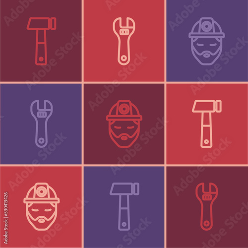 Set line Hammer, Builder and Adjustable wrench icon. Vector