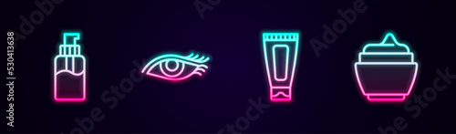 Set line Bottle of liquid soap, Woman eye, Cream or lotion cosmetic tube and . Glowing neon icon. Vector