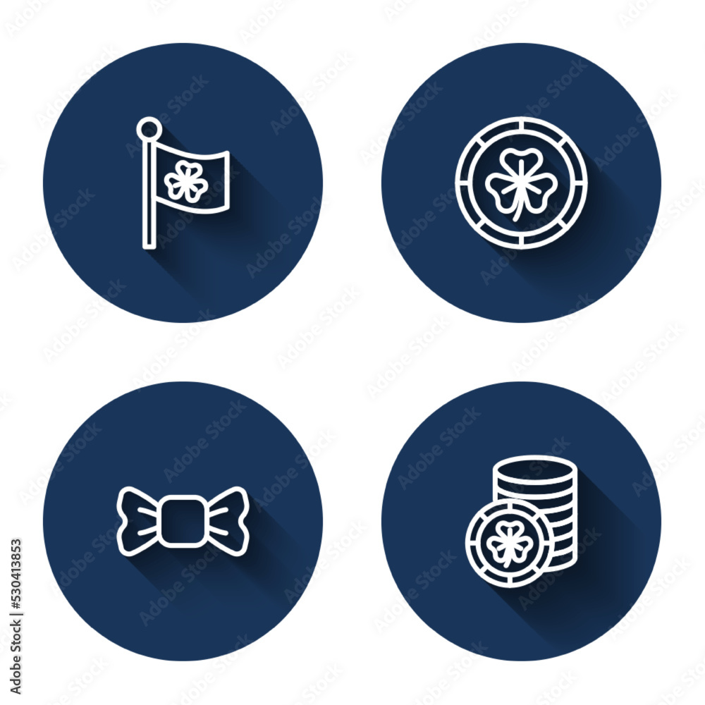Set line Ireland flag with clover, Golden leprechaun coin, Bow tie and with long shadow. Blue circle button. Vector Set line Ireland flag with clover, Golden leprechaun coin, Bow tie and with long shadow. Blue circle button. Vector