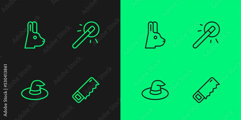 Set line Hand saw, Witch hat, Rabbit with ears and Magic wand icon. Vector Set line Hand saw, Witch hat, Rabbit with ears and Magic wand icon. Vector