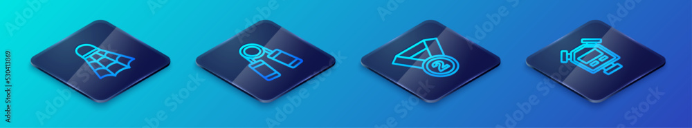 Set Isometric line Medal, Badminton shuttlecock, Stopwatch and Sport expander icon. Vector Set Isometric line Medal, Badminton shuttlecock, Stopwatch and Sport expander icon. Vector