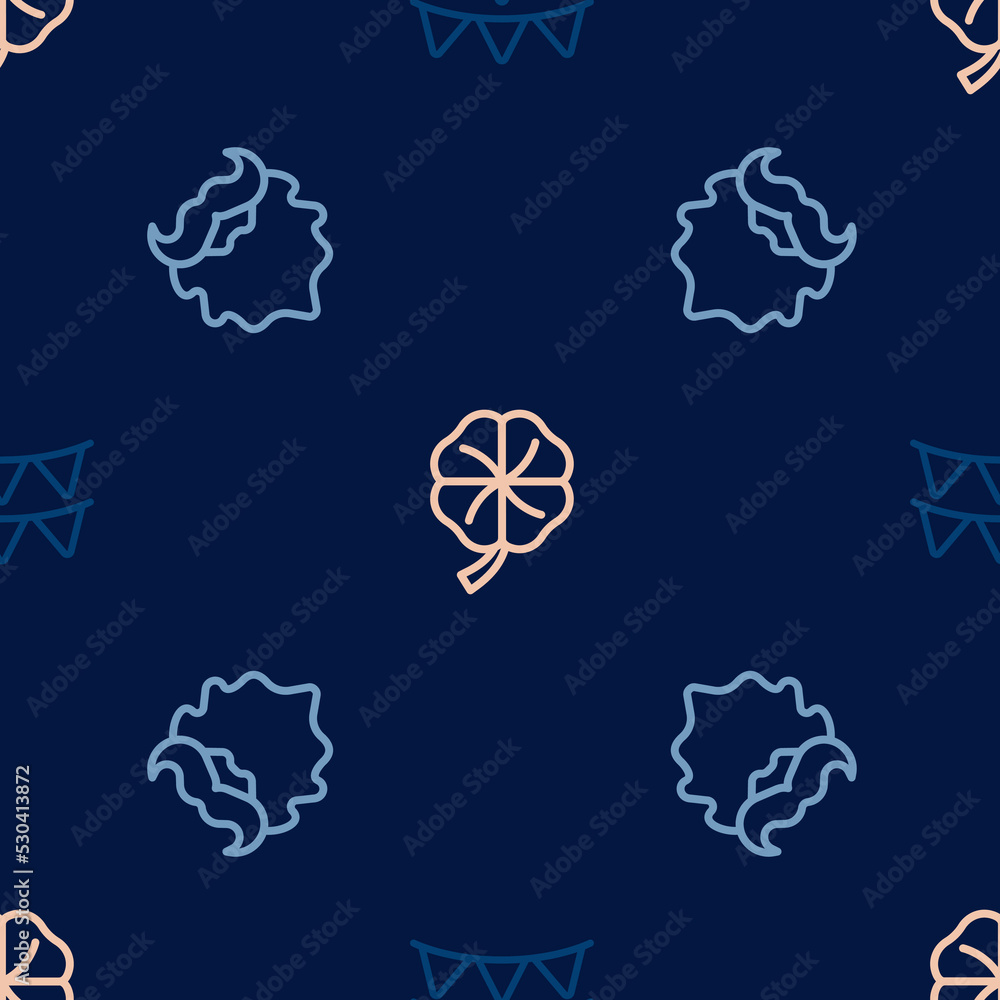 Set line Carnival garland with flags, Mustache beard and Four leaf clover on seamless pattern. Vector Set line Carnival garland with flags, Mustache beard and Four leaf clover on seamless pattern. Vector