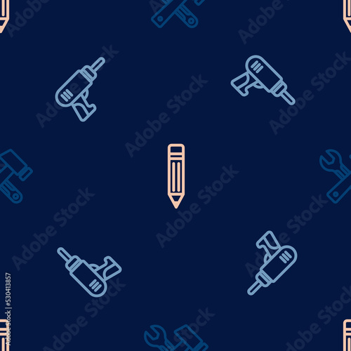 Set line Hammer and wrench spanner, Electric drill machine and Pencil with eraser on seamless pattern. Vector