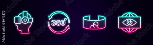 Set line Virtual reality glasses, 360 degree view, and Big brother electronic eye. Glowing neon icon. Vector