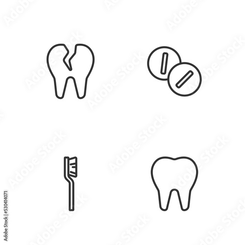 Set line Tooth, Toothbrush, Broken tooth and Toothache painkiller tablet icon. Vector