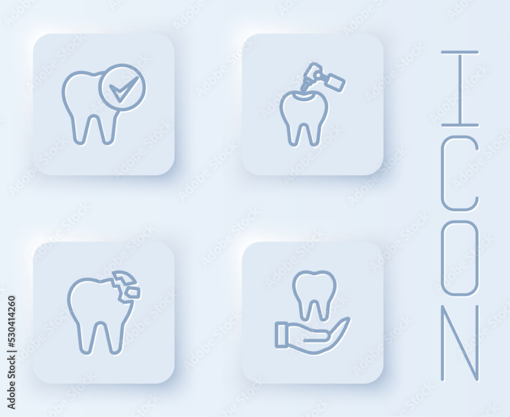 Set line Tooth, with caries and drill, Broken tooth and . White square button. Vector Set line Tooth, with caries and drill, Broken tooth and . White square button. Vector