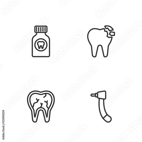 Set line Tooth drill, Broken tooth, Toothache painkiller tablet and icon. Vector