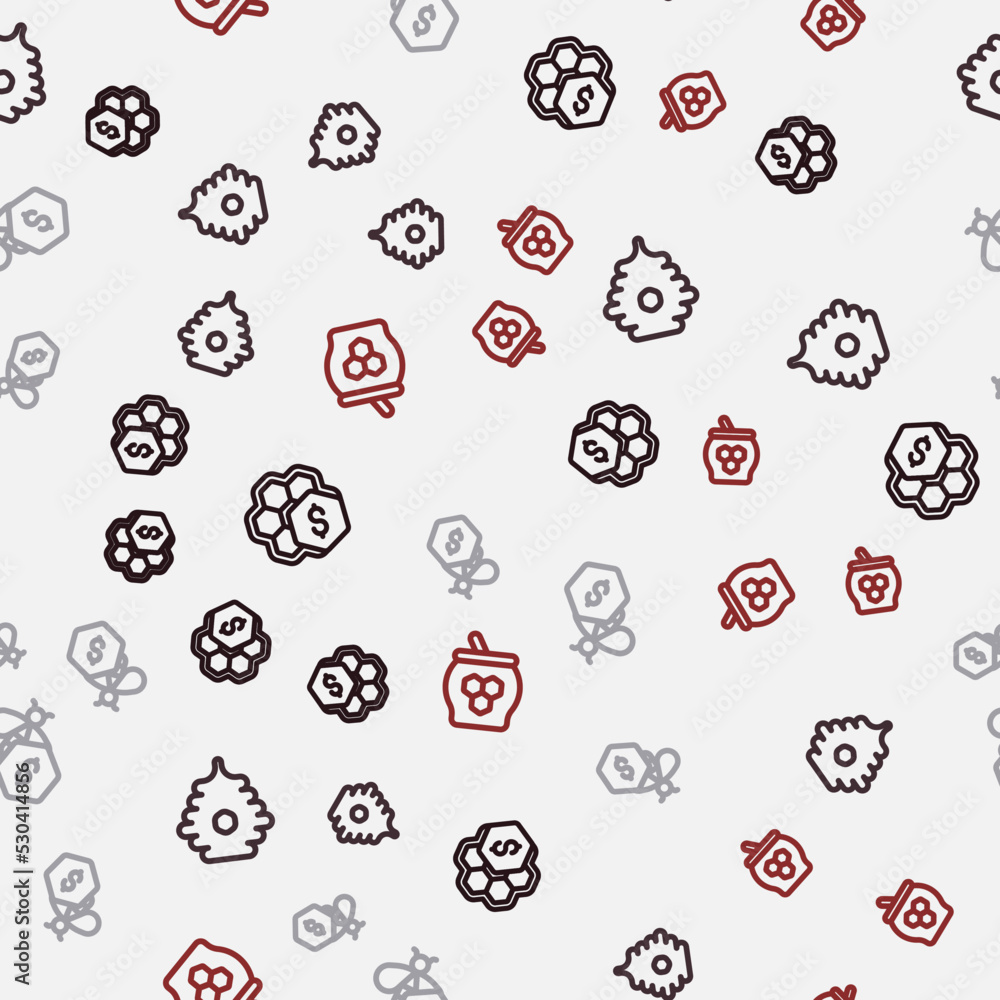 Set line Sale of honeycomb, Hive for bees, and Jar and dipper stick on seamless pattern. Vector Set line Sale of honeycomb, Hive for bees, and Jar and dipper stick on seamless pattern. Vector