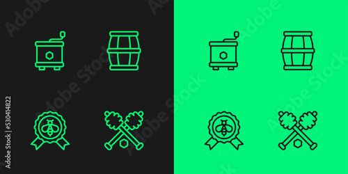 Set line Honey dipper stick, Best bee, extractor and Wooden barrel with honey icon. Vector