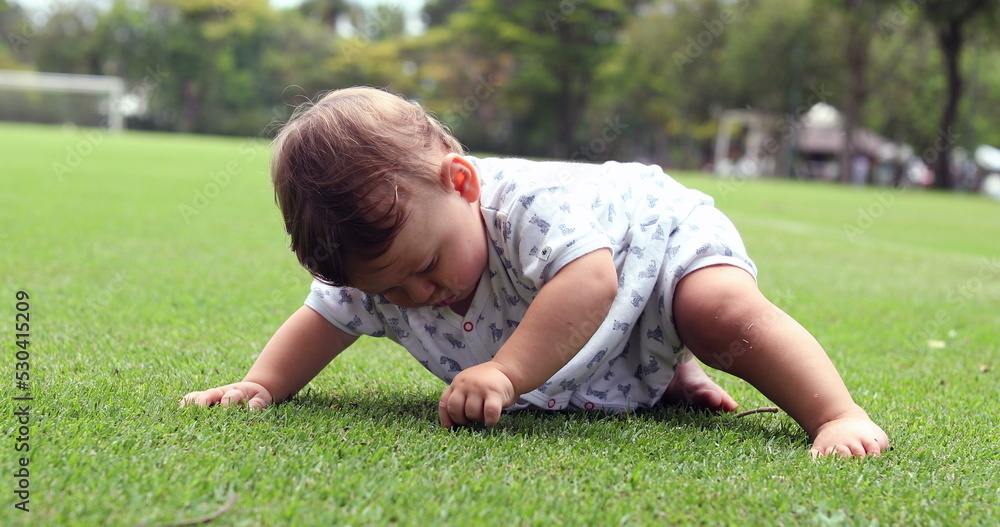 Cute one year old baby exploring grass outside at park, toddler boy touching grass Cute one year old baby exploring grass outside at park, toddler boy touching grass