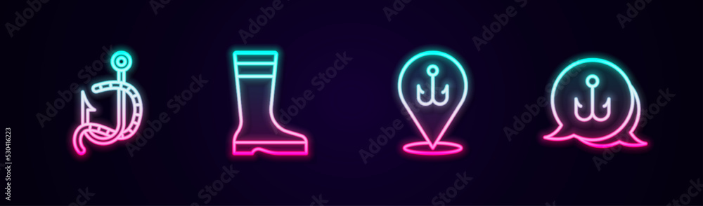 Set line Fishing hook and worm, boots, and . Glowing neon icon. Vector Set line Fishing hook and worm, boots, and . Glowing neon icon. Vector