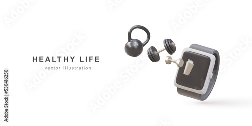 3d set of wireless smart watch  and sport equipment. Realistic fitness inventory, gym accessories. Dumbbell, fitness tracker and bottle. Healthy lifestyle concept. Vector illustration.