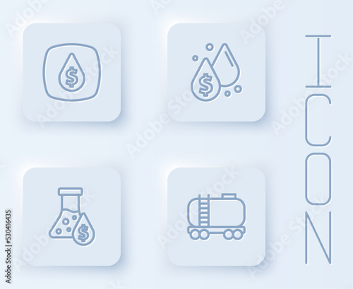 Set line Oil drop with dollar symbol  petrol test tube and railway cistern. White square button. Vector