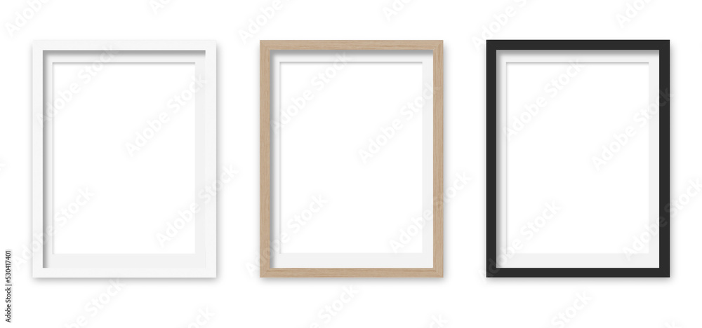 Picture frames set with white Passepartout on transparent background. White, wooden and black vertical frames, 30x40 cm. Template, mock up for your picture, artwork, poster or photo. 3d rendering. Picture frames set with white Passepartout on transparent background. White, wooden and black vertical frames, 30x40 cm. Template, mock up for your picture, artwork, poster or photo. 3d rendering.