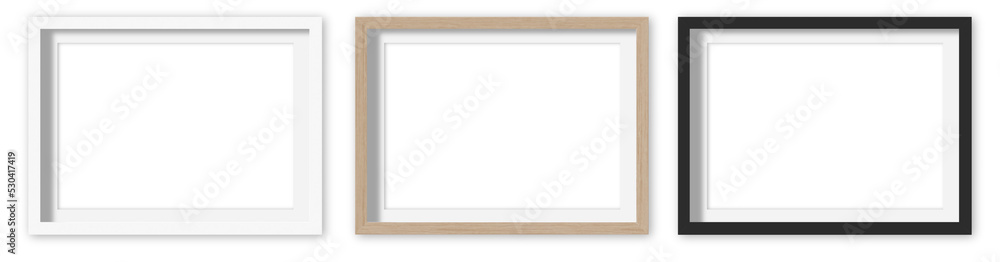Picture frames set with white Passepartout on transparent background. White, wooden and black horizontal frames, 40x30 cm. Template, mock up for your picture, artwork, poster or photo. 3d rendering. Picture frames set with white Passepartout on transparent background. White, wooden and black horizontal frames, 40x30 cm. Template, mock up for your picture, artwork, poster or photo. 3d rendering.