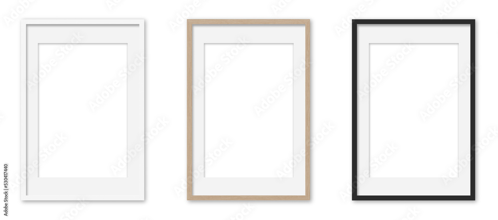 Picture frames set with white Passepartout on transparent background. White, wooden and black vertical frames, 40x60 cm. Template, mock up for your picture, artwork, poster or photo. 3d rendering. Picture frames set with white Passepartout on transparent background. White, wooden and black vertical frames, 40x60 cm. Template, mock up for your picture, artwork, poster or photo. 3d rendering.