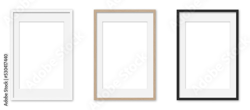 Picture frames set with white Passepartout on transparent background.  White, wooden and black vertical frames, 40x60 cm. Template, mock up for your picture, artwork, poster or photo. 3d rendering.