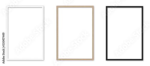 Picture frames set on transparent background.  White, wooden and black vertical frames, 40x60 cm. Template, mock up for your picture, artwork, poster or photo. 3d rendering.