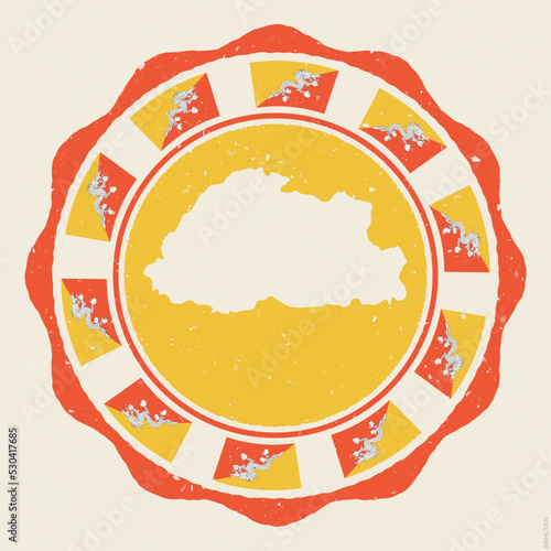 Bhutan vintage sign. Grunge round logo with a map and flags of Bhutan. Appealing vector illustration.