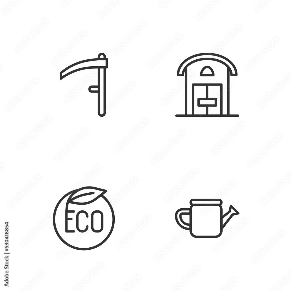 Set line Watering can, Eco healthy food, Scythe and Farm house icon. Vector Set line Watering can, Eco healthy food, Scythe and Farm house icon. Vector