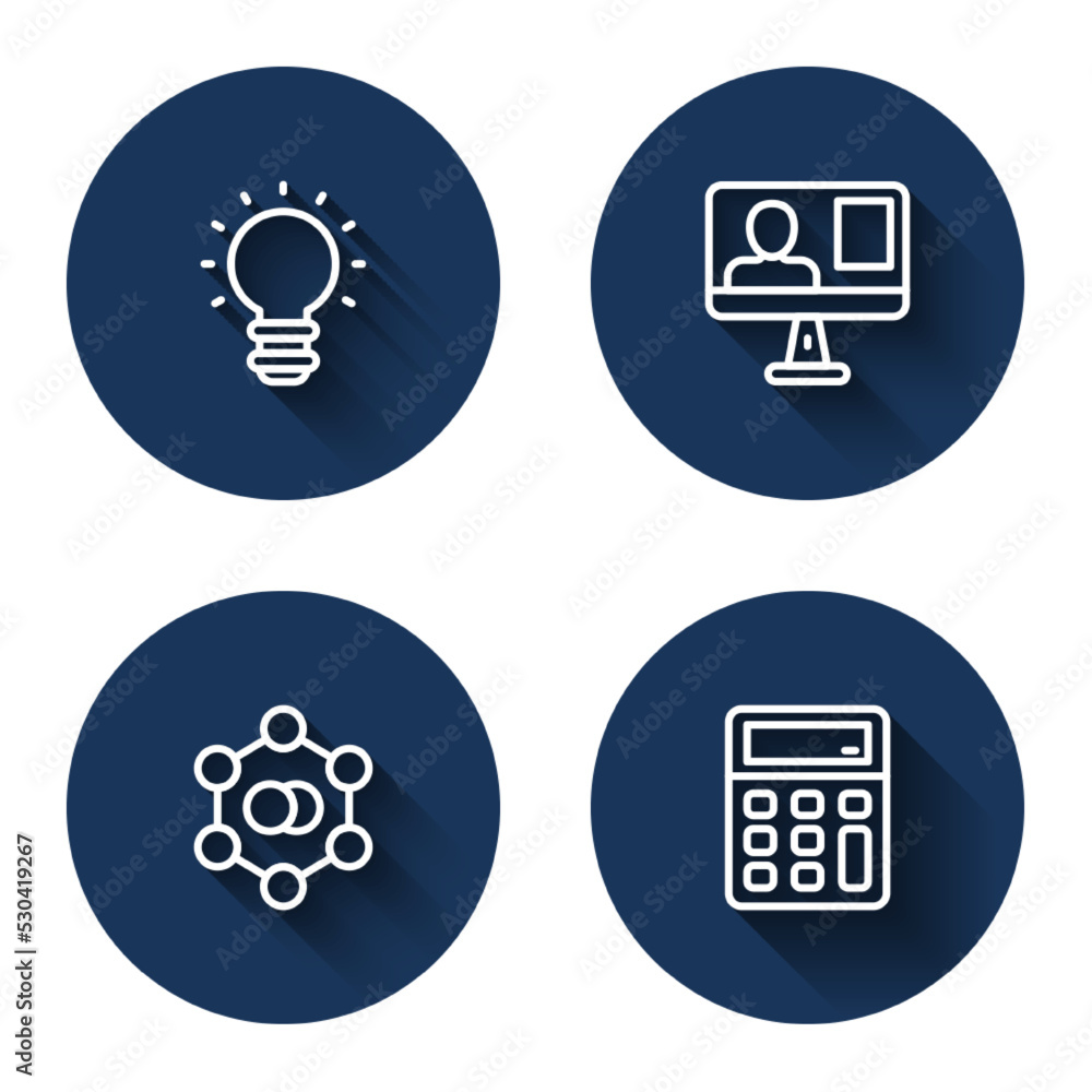 Set line Creative lamp light idea, Online class, Molecule and Calculator with long shadow. Blue circle button. Vector Set line Creative lamp light idea, Online class, Molecule and Calculator with long shadow. Blue circle button. Vector