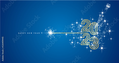 New Year 2023 golden triple line design typography lettering light sparkle firework champagne blue background greeting card