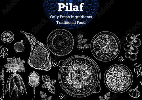 Pilaf cooking and ingredients for pilaf, sketch illustration. Middle eastern cuisine frame. Uzbek food, design elements. Hand drawn, package design. Arabic food