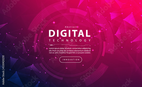 Digital technology banner purple background, pink color technology light effect, abstract cyber tech, innovation future data, internet network, Ai big data, lines dots connection, illustration vector