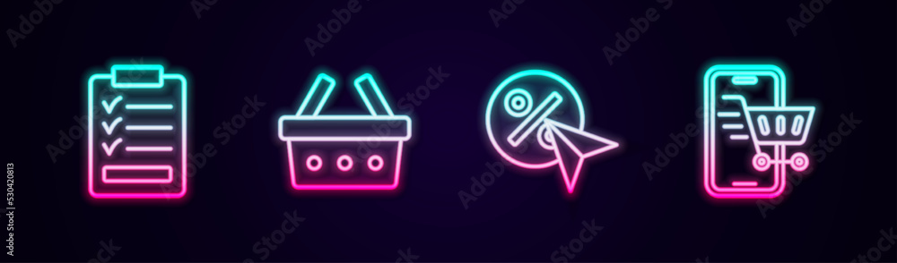 Set line Clipboard with checklist, Shopping basket, Discount percent tag and Mobile shopping cart. Glowing neon icon. Vector Set line Clipboard with checklist, Shopping basket, Discount percent tag and Mobile shopping cart. Glowing neon icon. Vector