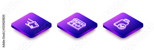 Set Isometric line Location with cardboard box, Market store and Paper shopping bag icon. Vector