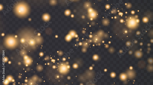 Bokeh light lights effect background. Christmas background. Powder dust light PNG. Magic shining gold dust. Fine, shiny dust bokeh particles fall off slightly. 