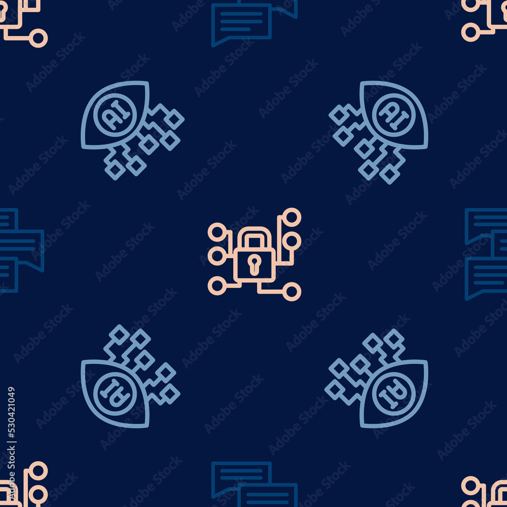 Set line Speech bubble chat, Computer vision and Cyber security on seamless pattern. Vector
