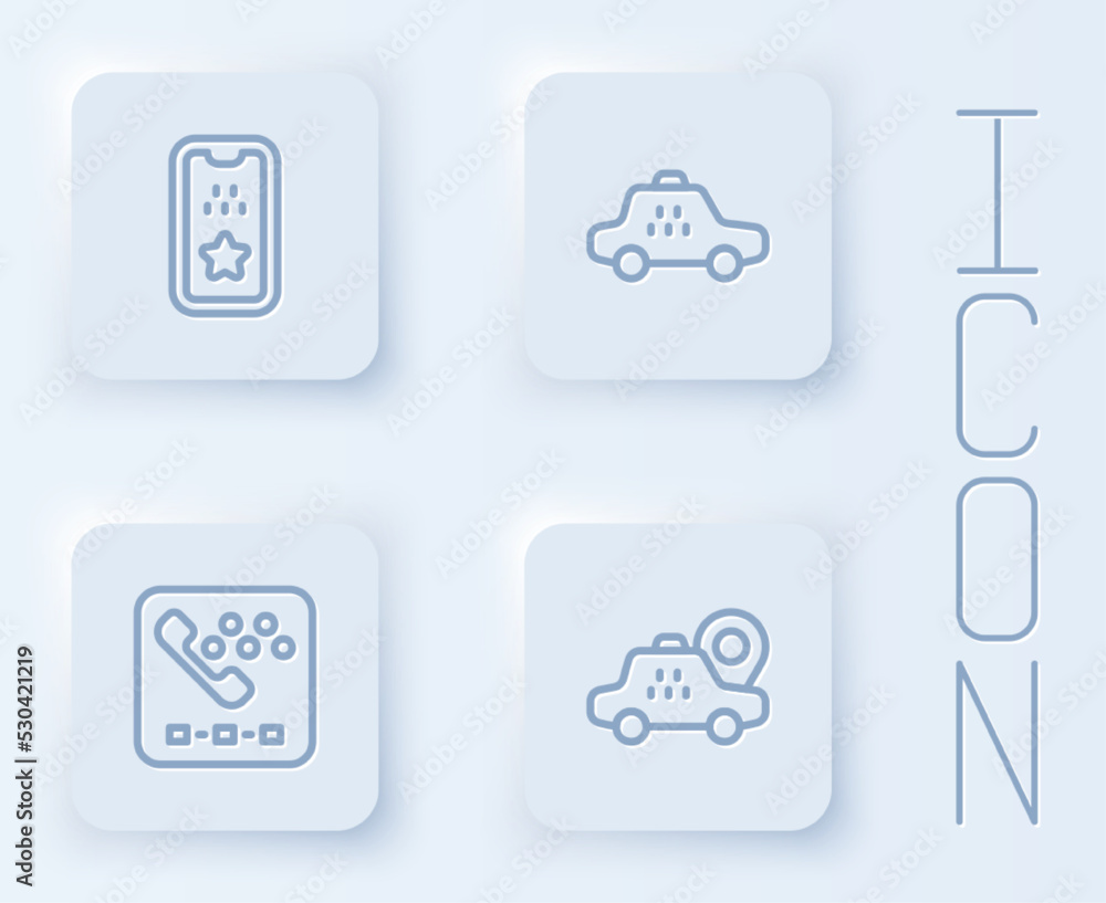 Set line Taxi mobile app, car, call telephone service and Location taxi. White square button. Vector Set line Taxi mobile app, car, call telephone service and Location taxi. White square button. Vector