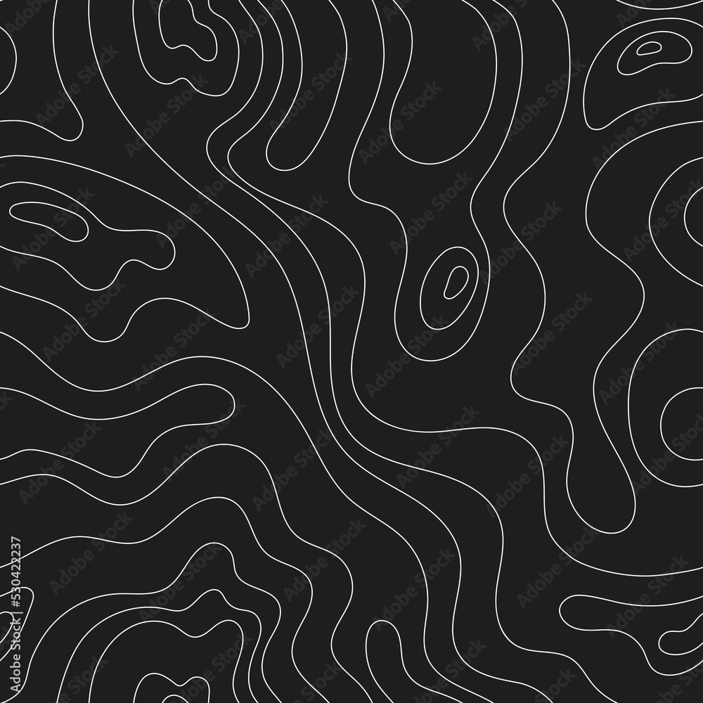 Fototapeta premium Topographic map. Vector seamless pattern of topographic geographic map lines and contours. Terrain path isolated on a black background. Geography scheme. Line mountain relief for print, web, banner