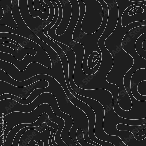 Topographic map. Vector seamless pattern of topographic geographic map lines and contours. Terrain path isolated on a black background. Geography scheme. Line mountain relief for print, web, banner