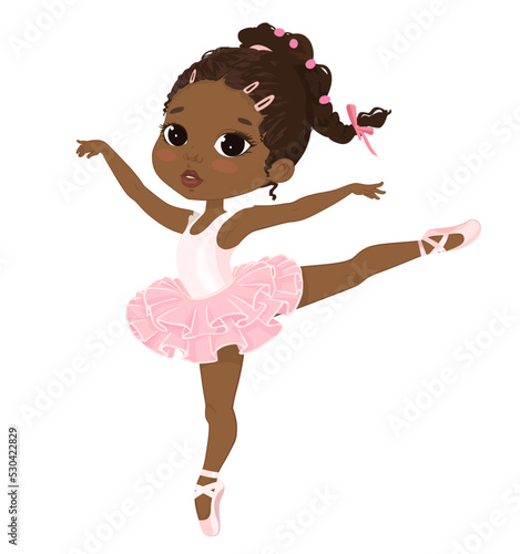 Cute African American Ballerina Girl Dancing. Little Dark Skin Girl in Pink Tutu Dress and Pointe