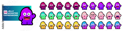 30 jelly monster expressions collection set isolated on white. Gradient color pastel icon in flat mascot 
