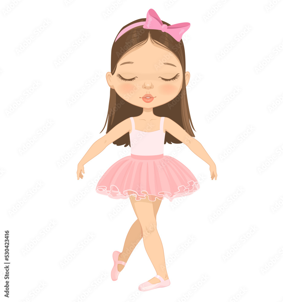 Cute Brown Hair Ballerina Girl With Eyes Closed Dancing. Little Caucasian Girl in Pink Tutu Dress and Pointe. Vector Cute Brown Hair Ballerina Girl With Eyes Closed Dancing. Little Caucasian Girl in Pink Tutu Dress and Pointe. Vector